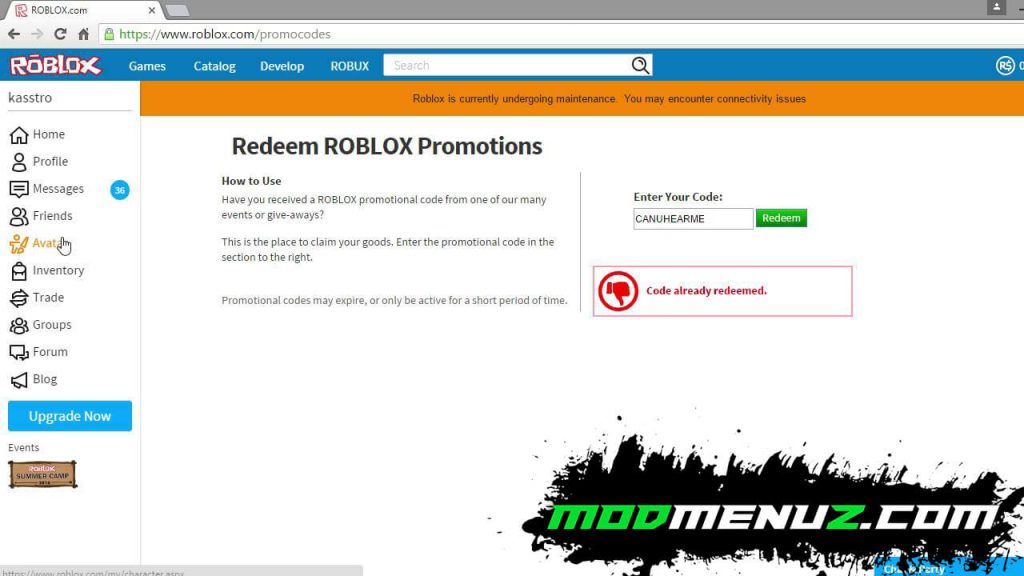 redeeming a code in Roblox