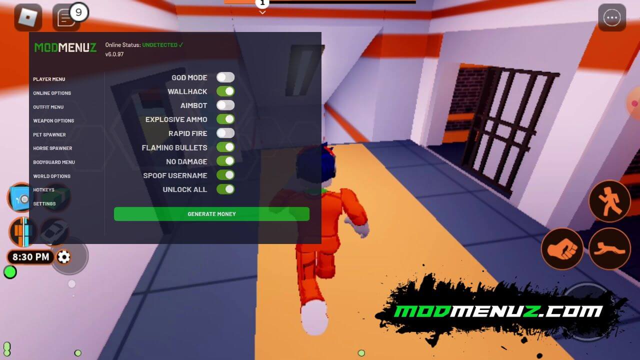 Roblox gameplay with a mod menu